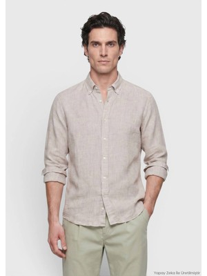 Ramsey Bej Düz Casual Fit Uzun Dokuma Casual %100 Keten Gömlek
