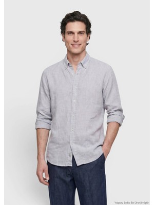 Ramsey Açık Gri Düz Casual Fit Uzun Dokuma Casual %100 Keten Gömlek