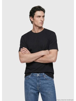 Ramsey Siyah Düz Pamuk Karışımlı T-Shirt