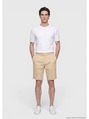 Ramsey Açık Sarı Düz Casual Fit Casual Keten Karışımlı Bermuda