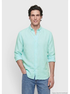 Ramsey Mint Düz Casual Fit Uzun Dokuma Casual %100 Keten Gömlek