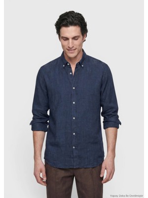 Ramsey İndigo Düz Casual Fit Uzun Dokuma Casual %100 Keten Gömlek