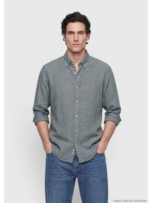 Ramsey Koyu Yeşil Düz Casual Fit Uzun Dokuma Casual %100 Keten Gömlek