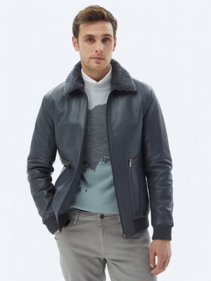 Kip Gri Regular Fit Smart Casual Koyun Derisi Deri Mont