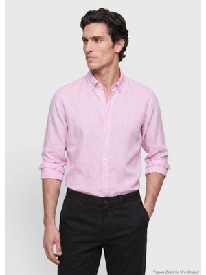 Ramsey Pembe Düz Casual Fit Uzun Dokuma Casual %100 Keten Gömlek