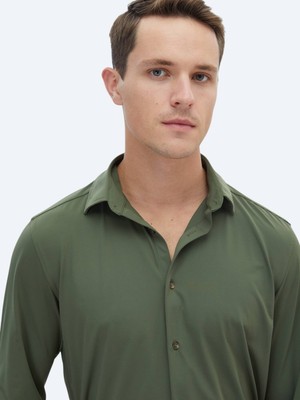 Kip Haki Regular Fit Uzun Casual Gömlek