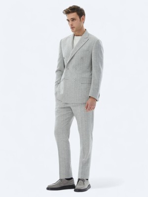 Kip Açık Gri Çizgili Modern Fit Yün Karışımlı Takım Elbise
