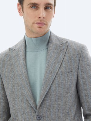 Kip Gri Çizgili Modern Fit Yün Karışımlı Takım Elbise