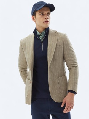 Kip Vizon Çizgili Comfort Fit Yün Karışımlı Ceket