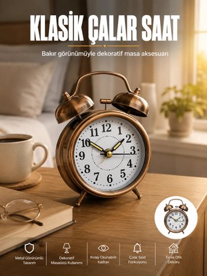 Savarga Metal Bronz Nostaljik Masa Saati Alarmlı Büyük Boy Sessiz Mekanizmalı