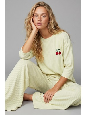 Siyah İnci Su Yeşili Soft Touch Ince Örme Nakışlı Pijama Takım