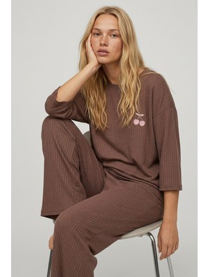 Siyah İnci Kahverengi Soft Touch Ince Örme Nakışlı Pijama Takım
