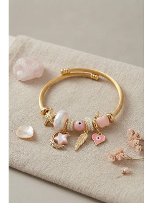Akıllı Bayi Ay Yıldız ve Kalp Model Pembe Charmlı Kadın Bileklik