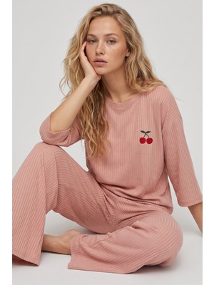 Siyah İnci Koyu Somon Soft Touch Ince Örme Nakışlı Pijama Takım