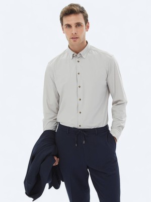 Kip Ekru Düz Regular Fit Uzun Casual Gömlek