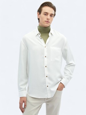 Kip Beyaz Fitilli Oversize Fit Uzun Dokuma Casual Gömlek