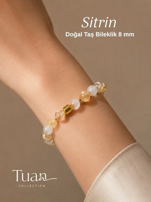 Tuan Collection Yüksek Kalite Sitrin Doğal Taş Pirinç Dekorlu Bileklik Bereket, Başarı Pozitif Enerji Taşı