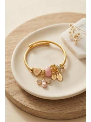 Akıllı Bayi Kalp ve Arı Model Pembe Charmlı Bileklik