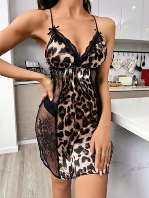 Bezos Kadın Siyah Dantel Detaylı Leopar Saten Gecelik 2223