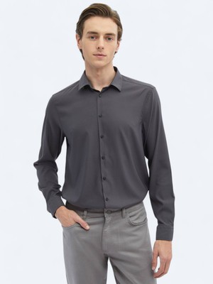 Kip Antrasit Düz Regular Fit Uzun Dokuma Casual Gömlek