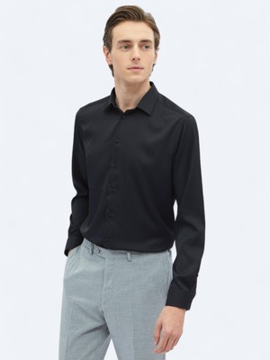 Kip Siyah Düz Regular Fit Uzun Dokuma Casual Gömlek