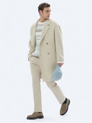 Kip Açık Bej Oversize Fit Kruvaze Yaka Klasik Dokuma Palto