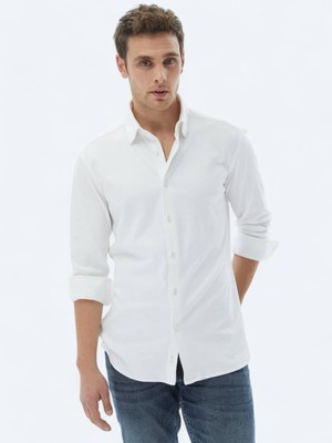 Kip Beyaz Düz Regular Fit Uzun Dokuma Casual %100 Pamuk Gömlek