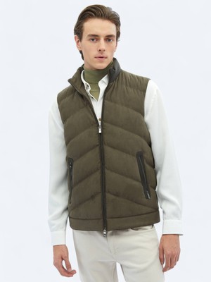 Kip Haki Regular Fit Dik Yaka Casual Dokuma Spor Yelek