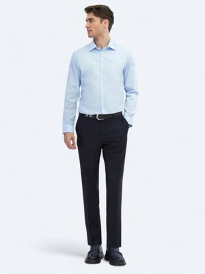 Kip Koyu Mavi Düz Slim Fit Uzun Dokuma Klasik %100 Pamuk Gömlek