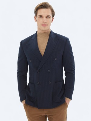 Lacivert Çizgili Modern Fit Örme Ceket