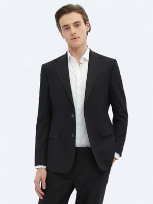 Siyah Mikro Modern Fit Çevre Dostu Yün Karışımlı Takım Elbise