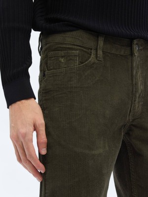 Kip Haki Dokuma Slim Fit Kadife Casual Pamuk Karışımlı Pantolon