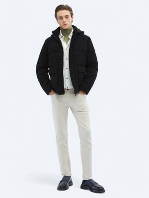 Kip Siyah Regular Fit Kapüşonlu Casual Dokuma Mont