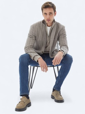Kip Kahverengi Çizgili Modern Fit Pamuk Karışımlı Örme Ceket