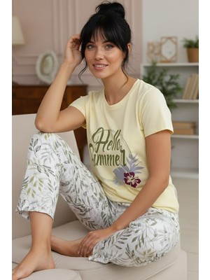 Siyah İnci Sarı Desenli Pamuklu Bisiklet Yaka Örme Pijama Takım