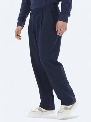 Kip Lacivert Dokuma Loose Fit Casual Pantolon