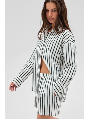 Grimelange Lıya Kadın Oversize %100 Pamuk Şort ve Gömlek Yeşil- Çizgili Alt-Üst Takım