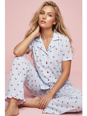 Siyah İnci Mavi Kareli Kiraz Desenli Ince Soft Örme Mevsimlik Düğmeli Pijama Takımı 8043