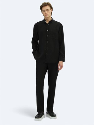 Kip Siyah Düz Oversize Fit Uzun Dokuma Casual Gömlek