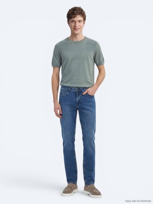 Kip Orta Mavi Slim Fit Çevre Dostu Denim Pamuk Karışımlı Pantolon
