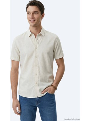 Kip Bej Desenli Regular Fit Kısa Casual Gömlek