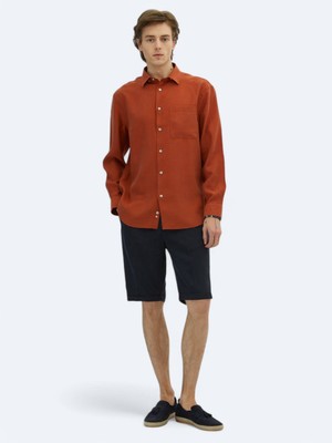 Kip Kiremit Düz Oversize Fit Uzun Dokuma Casual Gömlek