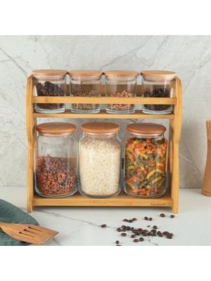 Hsc Bilişim Bambum Bench Plus 8 Parça Standlı Baharat Takımı Ahşap Stand Cam Kavanoz