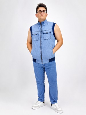 Ramon Miele Büyük Beden Denim Dik Yaka Fermuarlı Cepli Bomber Erkek Yelek