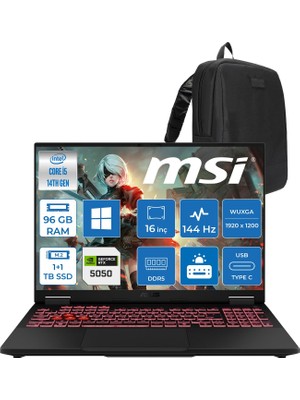 Asus Tuf Gaming F16 FX608JHI Intel Core I5 14450HX 96GB Ddr5 1tb Ssd+1tbssd 8GB/RTX5050 115W 16" Fhd+ 16:10 (1920 x 1200, Wuxga), IPS sRGB:100.00%,144Hz WINDOWS11PRO Gaming WTU231P44+ZETTAÇANTA