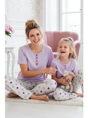 Siyah İnci Lila Desenli Pamuklu Bisiklet Yaka Örme Pijama Takım