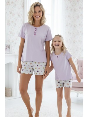 Siyah İnci Lila Desenli Pamuklu Bisiklet Yaka Örme Şortlu Pijama Takım