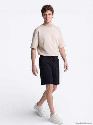 Kip Siyah Düz Örme Regular Fit Casual Bermuda