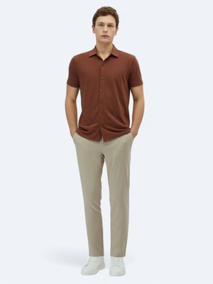 Kip Kahverengi Düz Regular Fit Kısa Casual Pamuk Karışımlı Gömlek