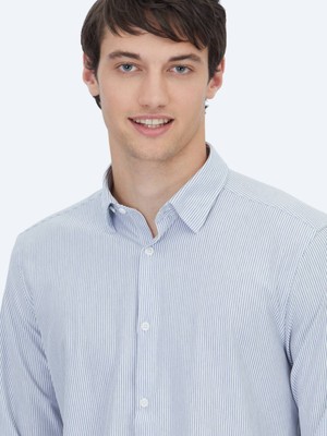 Kip Mavi Çizgili Regular Fit Uzun Casual Pamuk Karışımlı Gömlek